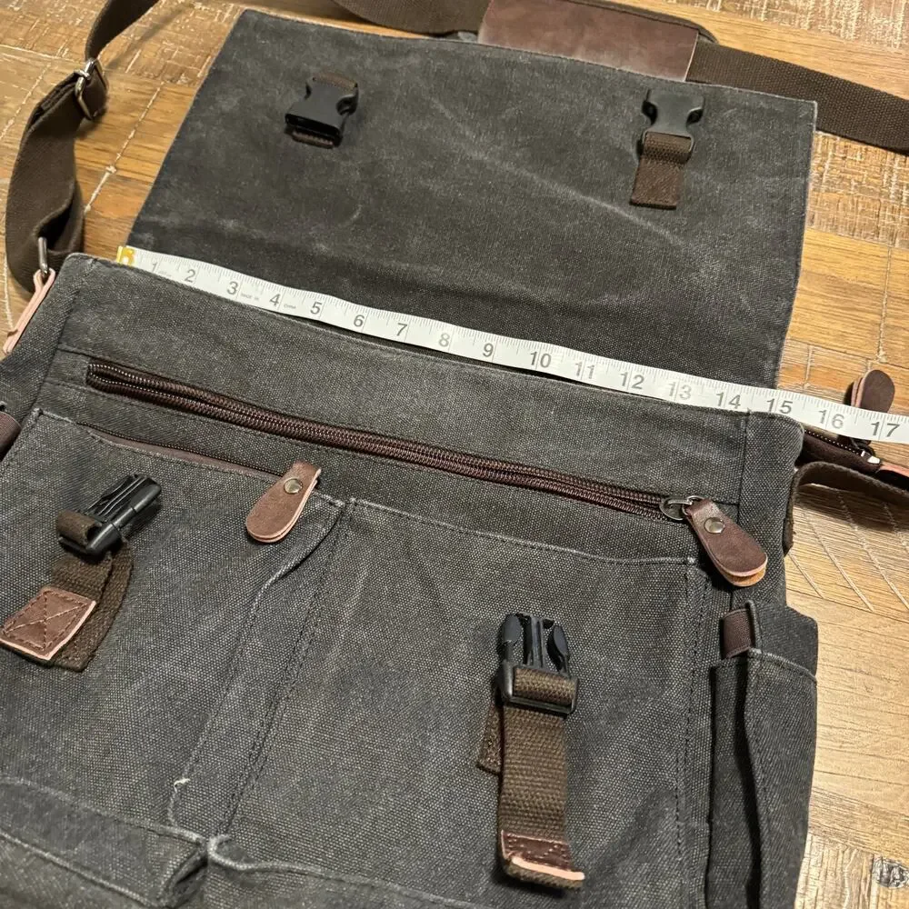 RAVUO Charcoal Canvas Messenger Bag Leather Accents Vintage Workbag Skatestyle